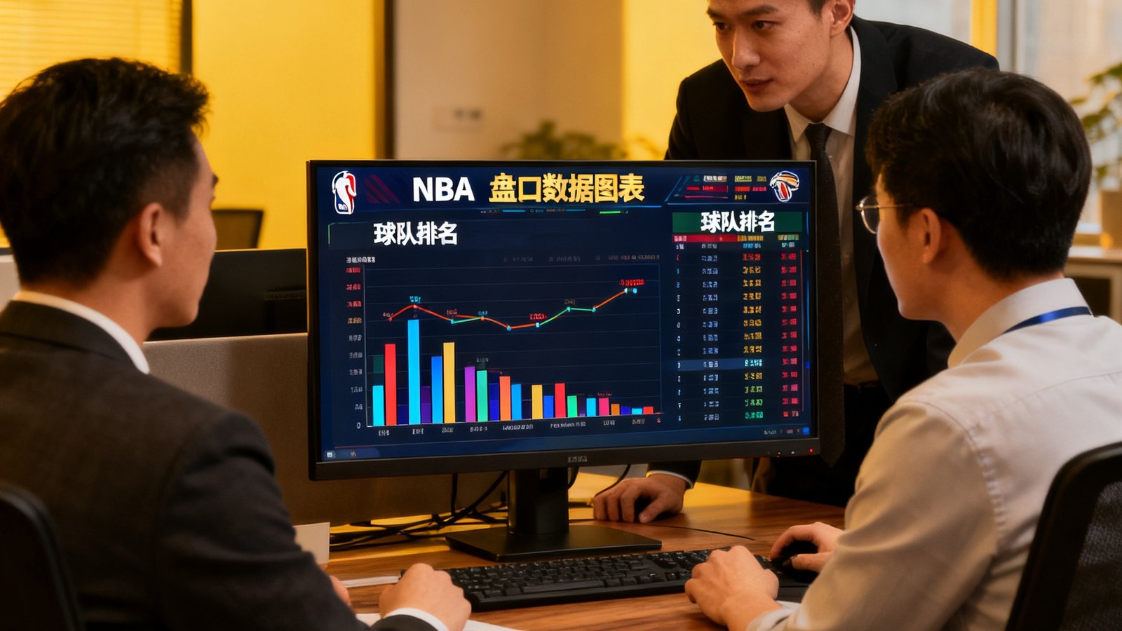 三位分析师围坐在显示器前，屏幕上显示NBA盘口数据图表与球队排名，办公室灯光温暖